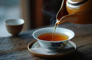 ai généré une tasse de chaud thé a été étant versé dans une blanc tasse photo