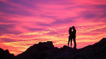 ai généré Stupéfiant image capturer le silhouette de une couple embrassement contre une vibrant le coucher du soleil photo