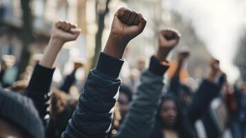 ai généré Multi-éthnique gens élever leur les poings en haut dans le air dans une manifestation. photo