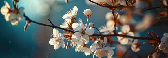 ai généré une branche de blanc fleurs sur une arbre par une bleu toile de fond photo