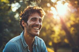 ai généré content Masculin souriant dans une bleu chemise en plein air tandis que ayant une fête photo