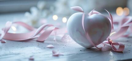 ai généré une blanc cœur dans rose sur une table avec ruban et arc photo