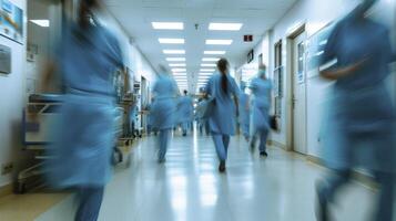 ai généré longue exposition flou mouvement de médical médecins et infirmières dans une hôpital quartier portant bleu tabliers, en marchant vers le bas une couloir photo