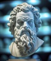 ai généré tête de philosophe socrate sur afficher dans une musée photo