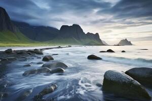 ai généré uttakleiv plage, avec spectaculaire montagnes et pics, ouvert mer et protégé baies, des plages et intacte terres. ai généré photo