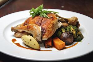 ai généré plaqué poulet rôti dîner sur une blanc assiette avec carotte et morille champignon. ai généré. photo