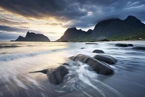 ai généré uttakleiv plage, avec spectaculaire montagnes et pics, ouvert mer et protégé baies, des plages et intacte terres. ai généré photo