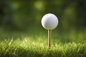 ai généré blanc le golf Balle sur en bois tee avec herbe. génératif ai photo