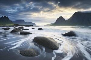 ai généré uttakleiv plage, avec spectaculaire montagnes et pics, ouvert mer et protégé baies, des plages et intacte terres. ai généré photo