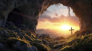 ai généré tombeau vide avec envelopper et crucifixion à lever du soleil - résurrection de Jésus Christ photo