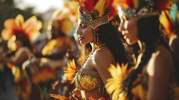 ai généré laisse Danse tout notre troubles loin. tondu coup de magnifique samba danseurs performant dans une carnaval avec leur groupe. photo