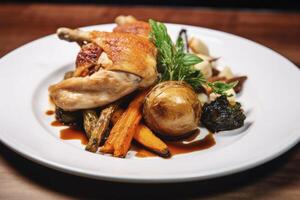 ai généré plaqué poulet rôti dîner sur une blanc assiette avec carotte et morille champignon. ai généré. photo