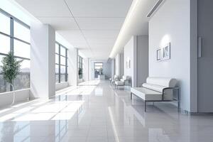 ai généré intérieur conception de une moderne luxueux blanc bâtiment couloir ou couloir avec attendre siège. ai généré photo