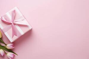 ai généré rose cadeau boîte avec ruban arc et bouquet de tulipes sur isolé pastel rose Contexte. ai généré photo