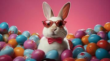 ai généré Pâques lapin avec des lunettes de soleil parmi Pâques des œufs sur coloré Contexte. génératif ai. photo