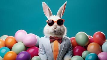 ai généré Pâques lapin avec des lunettes de soleil parmi Pâques des œufs sur coloré Contexte. génératif ai. photo
