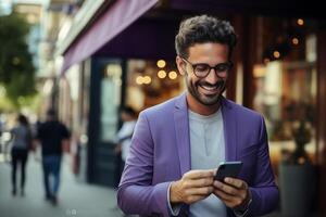 ai généré content souriant détendu Jeune homme d'affaire en portant téléphone intelligent en utilisant mobile téléphone numérique La technologie applications. génératif ai. photo