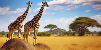 ai généré girafes dans le africain savane. serengeti nationale parc. Afrique. Tanzanie. ai généré photo