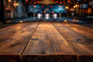 ai généré vide en bois dessus de la table avec floue bowling ruelle Contexte photo