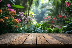 ai généré vide table avec botanique jardin brouiller dans le Contexte photo