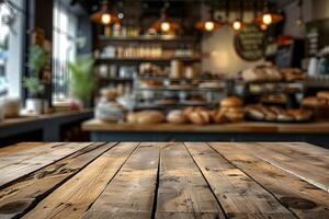 ai généré en bois table premier plan, flou boulangerie magasin Contexte scène photo