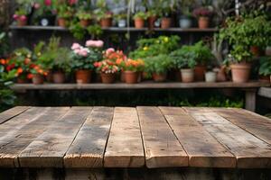 ai généré vide en bois dessus de la table avec floue plante maison Contexte photo