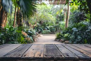 ai généré en bois dessus de la table premier plan, flou zoo ambiance Contexte photo