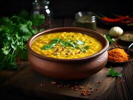 ai généré traditionnel Indien soupe Lentilles. Indien dhal épicé curry dans bol, épices, herbes, rustique noir en bois table photo