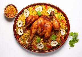 ai généré une assiette de nourriture avec une poulet et riz plat sur il photo