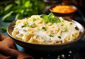 ai généré Haut vue fettucine avec Alfredo sauce sur blanc Contexte photo