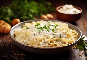 ai généré Haut vue fettucine avec Alfredo sauce sur blanc Contexte photo