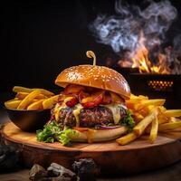 ai généré nourriture pour vite nourriture dans forme de délicieux chaud fait maison Burger avec Viande escalope et des légumes photo