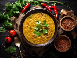 ai généré traditionnel Indien soupe Lentilles. Indien dhal épicé curry dans bol, épices, herbes, rustique noir en bois table photo