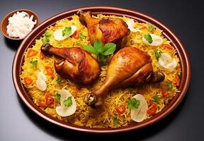 ai généré une assiette de nourriture avec une poulet et riz plat sur il photo