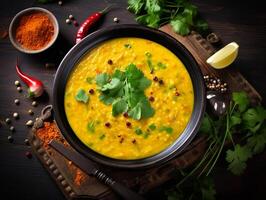 ai généré traditionnel Indien soupe Lentilles. Indien dhal épicé curry dans bol, épices, herbes, rustique noir en bois table photo