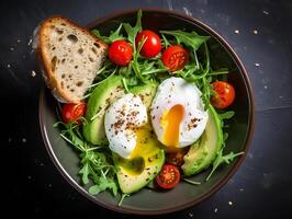 ai généré brunch ou le déjeuner assiette avec flocons d'avoine poulet Pain de viande concombre et vert herbes santé nourriture Haut vue aérien photo