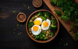 ai généré brunch ou le déjeuner assiette avec flocons d'avoine poulet Pain de viande concombre et vert herbes santé nourriture Haut vue aérien photo