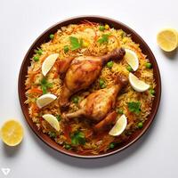 ai généré une assiette de nourriture avec une poulet et riz plat sur il photo