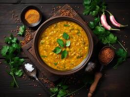 ai généré traditionnel Indien soupe Lentilles. Indien dhal épicé curry dans bol, épices, herbes, rustique noir en bois table photo