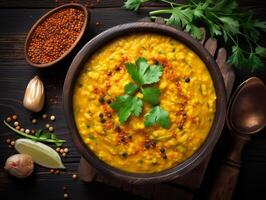 ai généré traditionnel Indien soupe Lentilles. Indien dhal épicé curry dans bol, épices, herbes, rustique noir en bois table photo