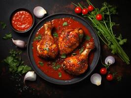 ai généré grillé poulet pilons ou jambes ou rôti un barbecue avec épices et tomate salsa sauce sur une noir plaque. Haut vue avec copie photo