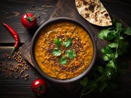 ai généré traditionnel Indien soupe Lentilles. Indien dhal épicé curry dans bol, épices, herbes, rustique noir en bois table photo