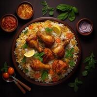 ai généré une assiette de nourriture avec une poulet et riz plat sur il photo