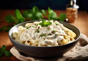 ai généré Haut vue fettucine avec Alfredo sauce sur blanc Contexte photo