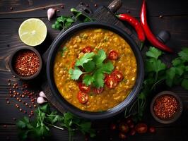 ai généré traditionnel Indien soupe Lentilles. Indien dhal épicé curry dans bol, épices, herbes, rustique noir en bois table photo