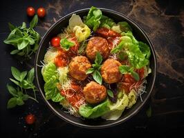 ai généré Penne Pâtes avec Boulettes de viande dans tomate sauce dans une blanc bol photo