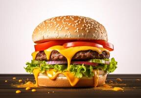 ai généré nourriture pour vite nourriture dans forme de délicieux chaud fait maison Burger avec Viande escalope et des légumes photo