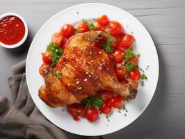 ai généré grillé poulet pilons ou jambes ou rôti un barbecue avec épices et tomate salsa sauce sur une noir plaque. Haut vue avec copie photo