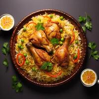 ai généré une assiette de nourriture avec une poulet et riz plat sur il photo