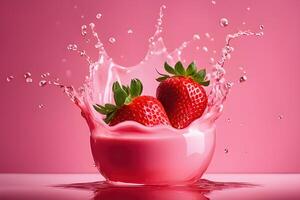 ai généré une fraise est chute dans une fraise Lait liquide, fraise Lait une baignoire la photographie par ai génératif photo